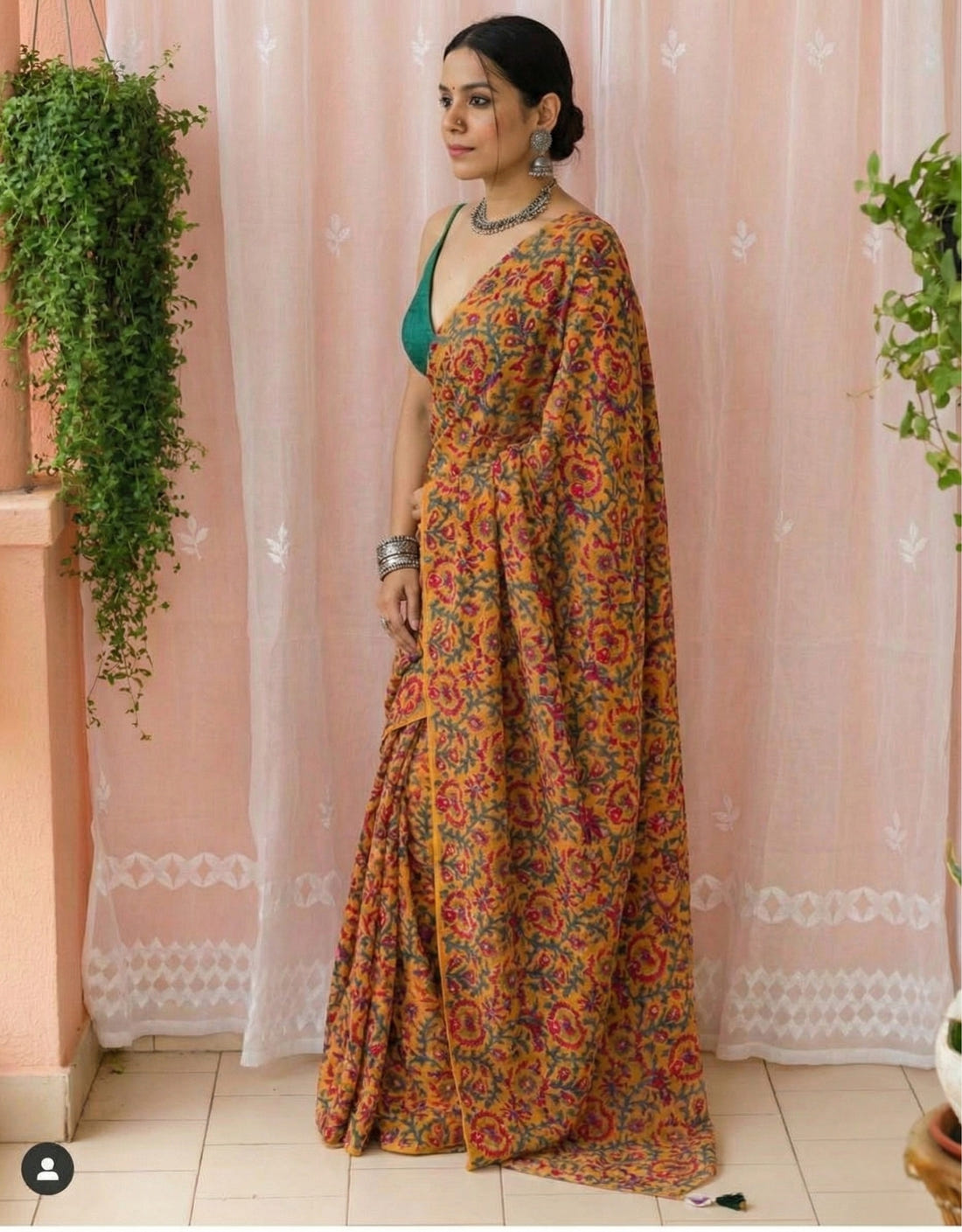 Mustard Soft Mulmul Cotton Digital Print Saree with Banglori Blouse