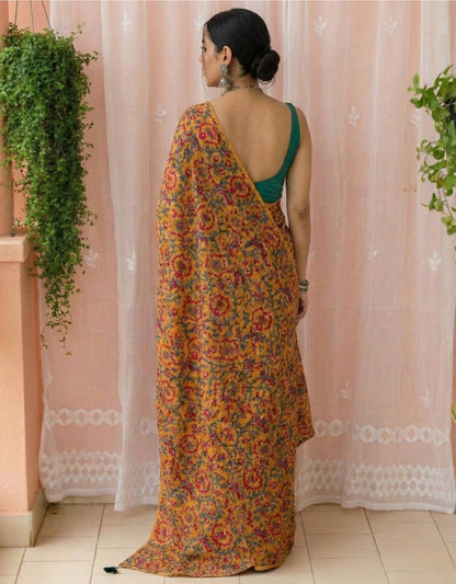 Mustard Soft Mulmul Cotton Digital Print Saree with Banglori Blouse