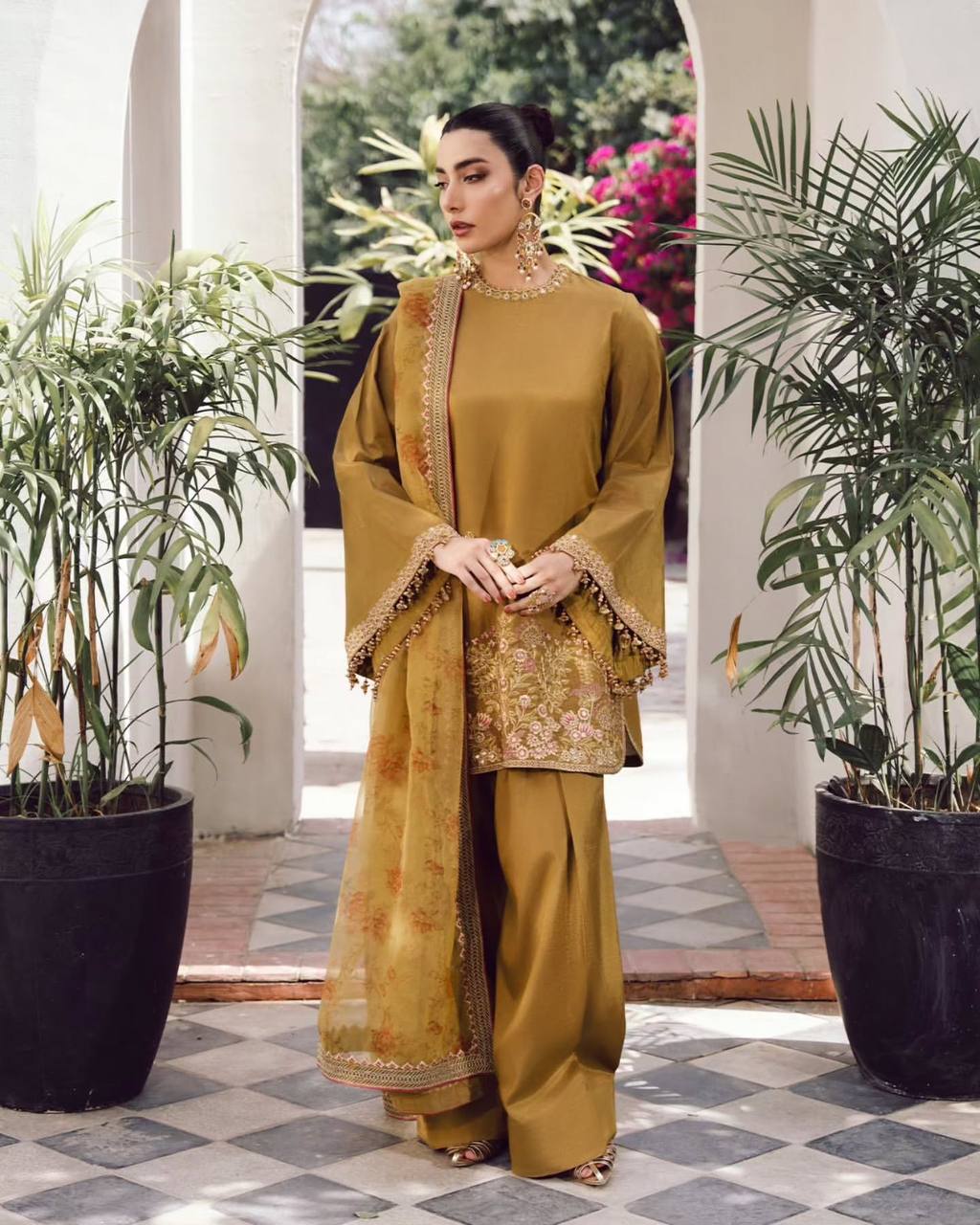 Mustard Designer French Crepe Silk Farshi Pant Top and Dupatta Set