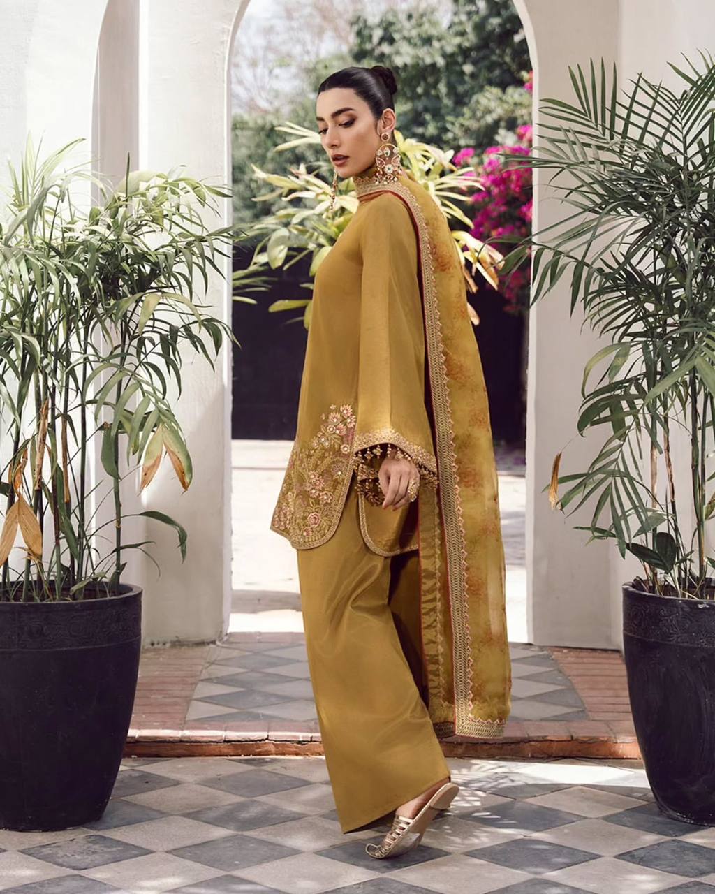 Mustard Designer French Crepe Silk Farshi Pant Top and Dupatta Set