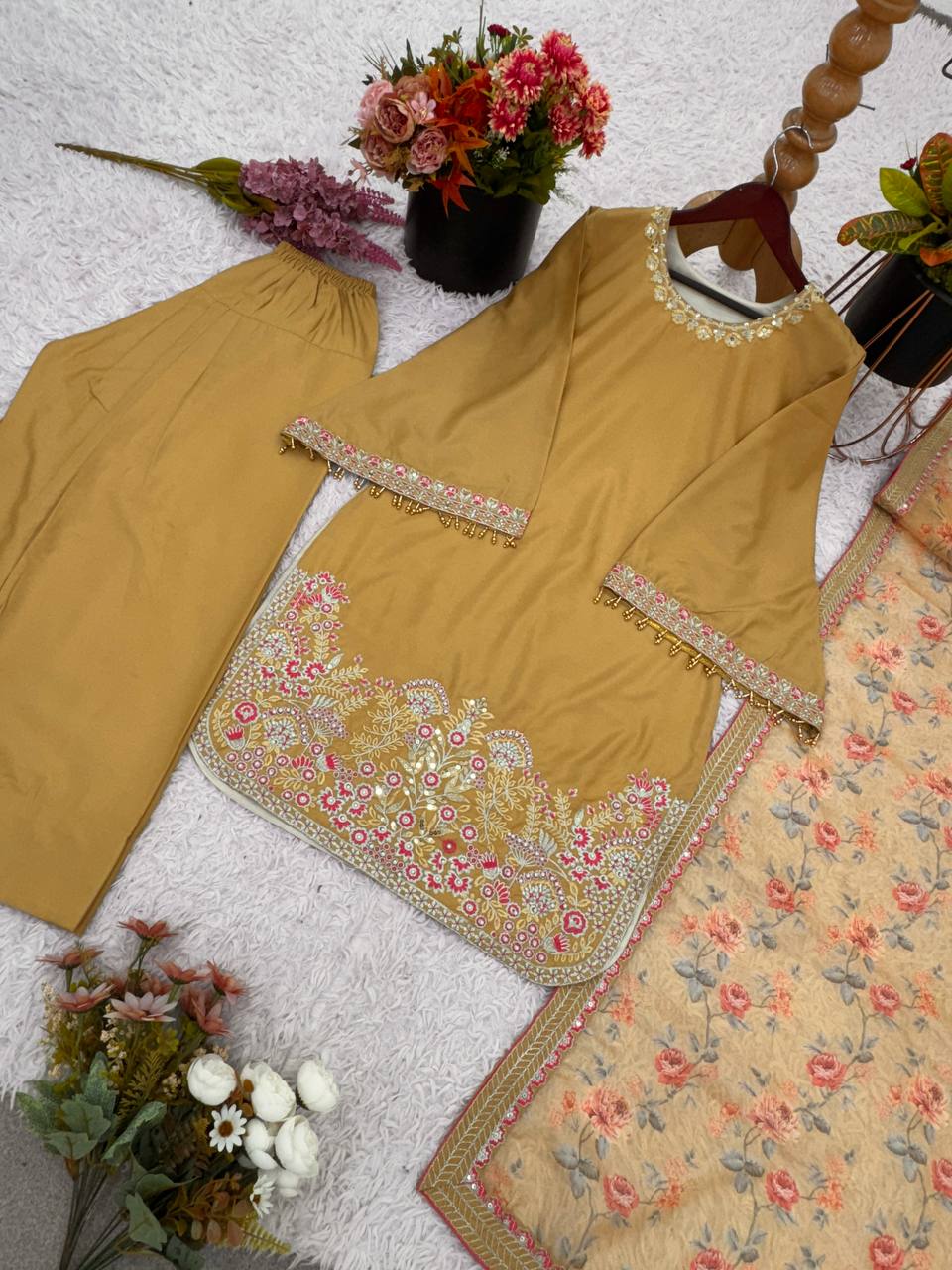 Mustard Designer French Crepe Silk Farshi Pant Top and Dupatta Set