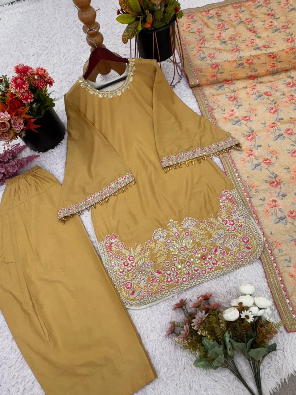 Mustard Designer French Crepe Silk Farshi Pant Top and Dupatta Set
