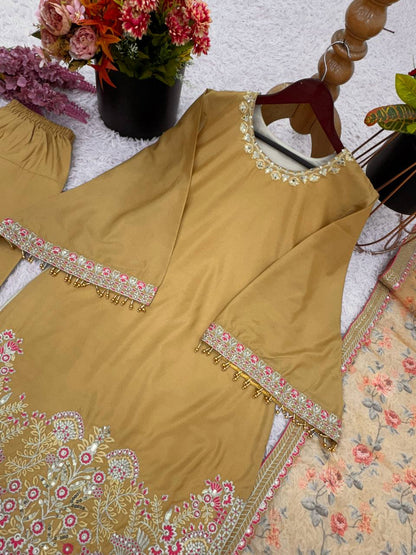 Mustard Designer French Crepe Silk Farshi Pant Top and Dupatta Set