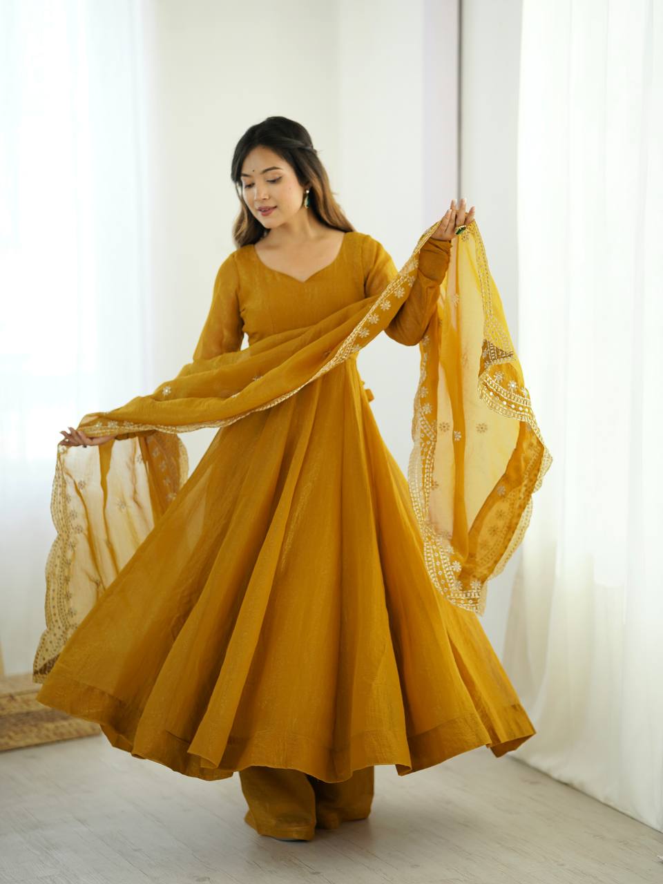 Mustard Yellow Designer Heavy Fandy Silk Gown and Dupatta For Party Wear