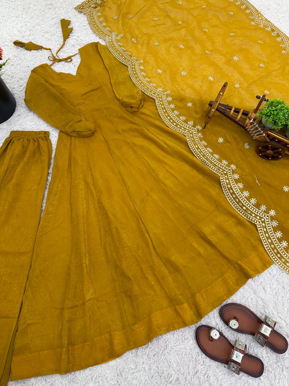 Mustard Yellow Designer Heavy Fandy Silk Gown and Dupatta For Party Wear