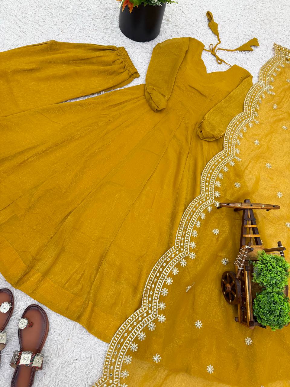 Mustard Yellow Designer Heavy Fandy Silk Gown and Dupatta For Party Wear