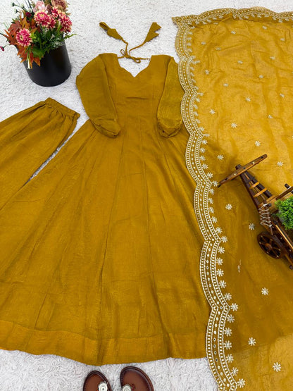 Mustard Yellow Designer Heavy Fandy Silk Gown and Dupatta For Party Wear