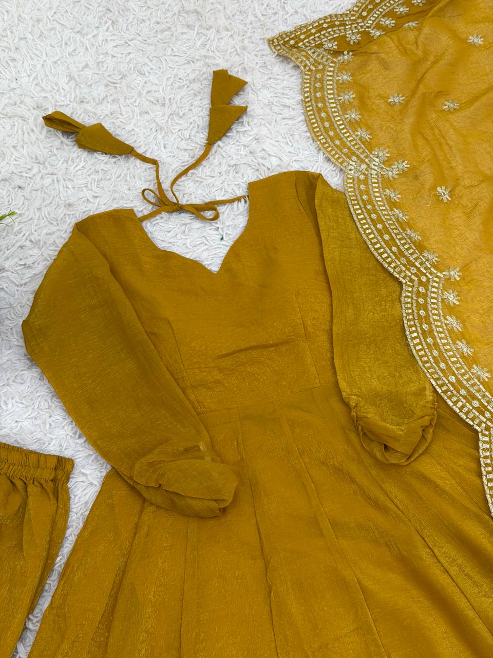 Mustard Yellow Designer Heavy Fandy Silk Gown and Dupatta For Party Wear