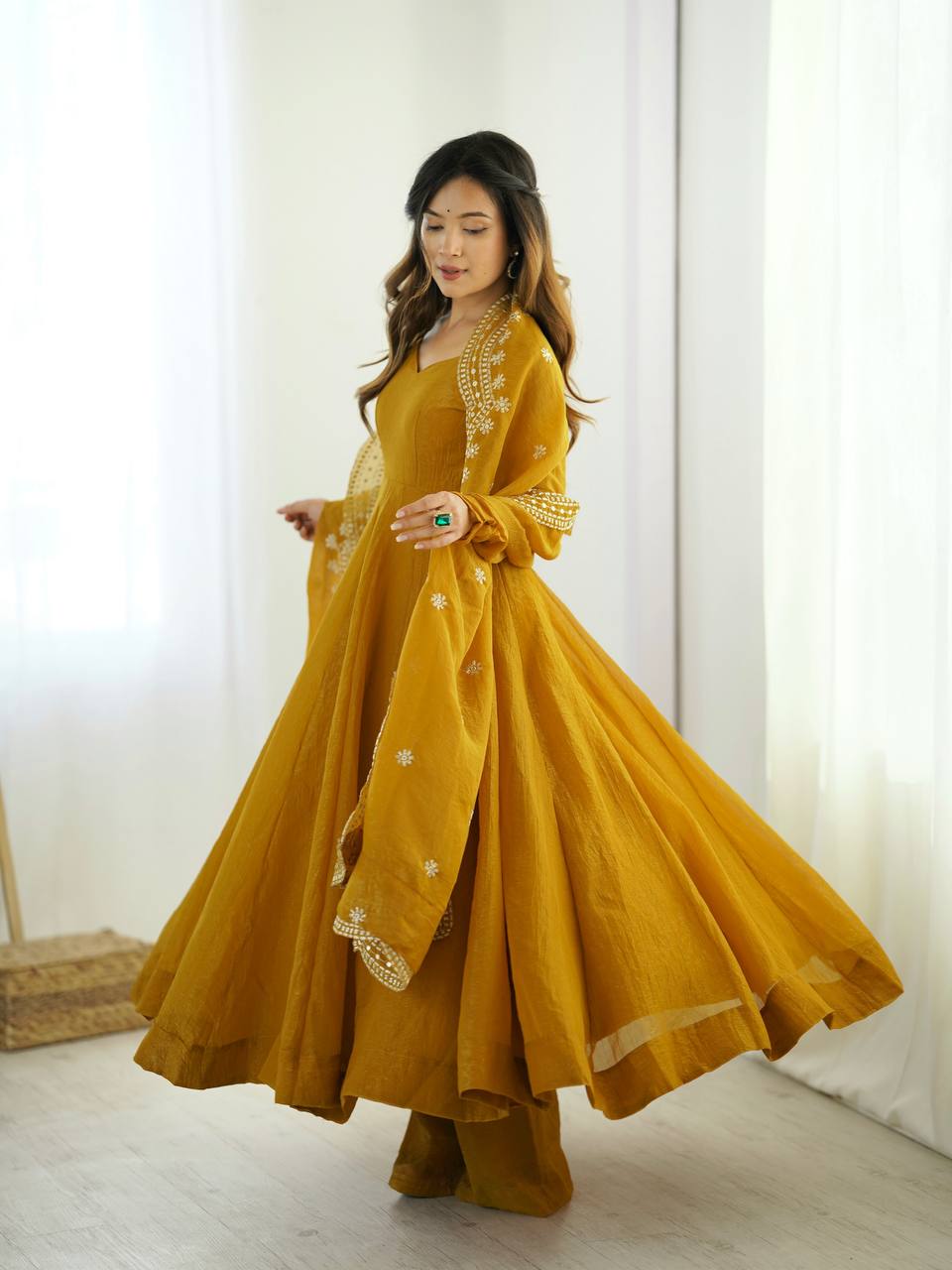 Mustard Yellow Designer Heavy Fandy Silk Gown and Dupatta For Party Wear