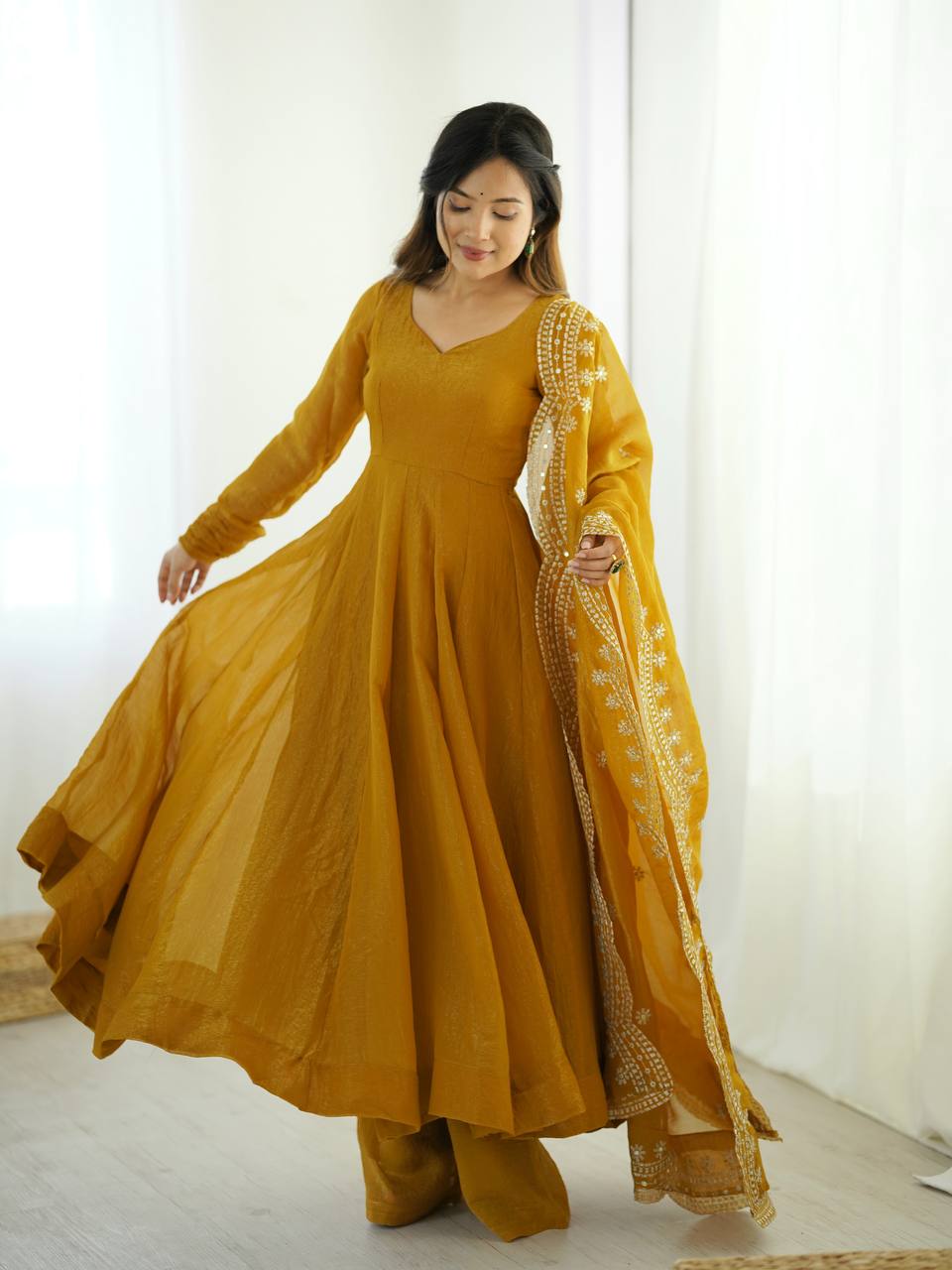 Mustard Yellow Designer Heavy Fandy Silk Gown and Dupatta For Party Wear