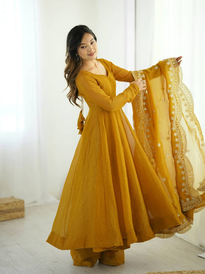 Mustard Yellow Designer Heavy Fandy Silk Gown and Dupatta For Party Wear