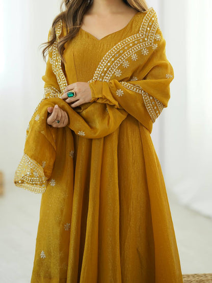Mustard Yellow Designer Heavy Fandy Silk Gown and Dupatta For Party Wear