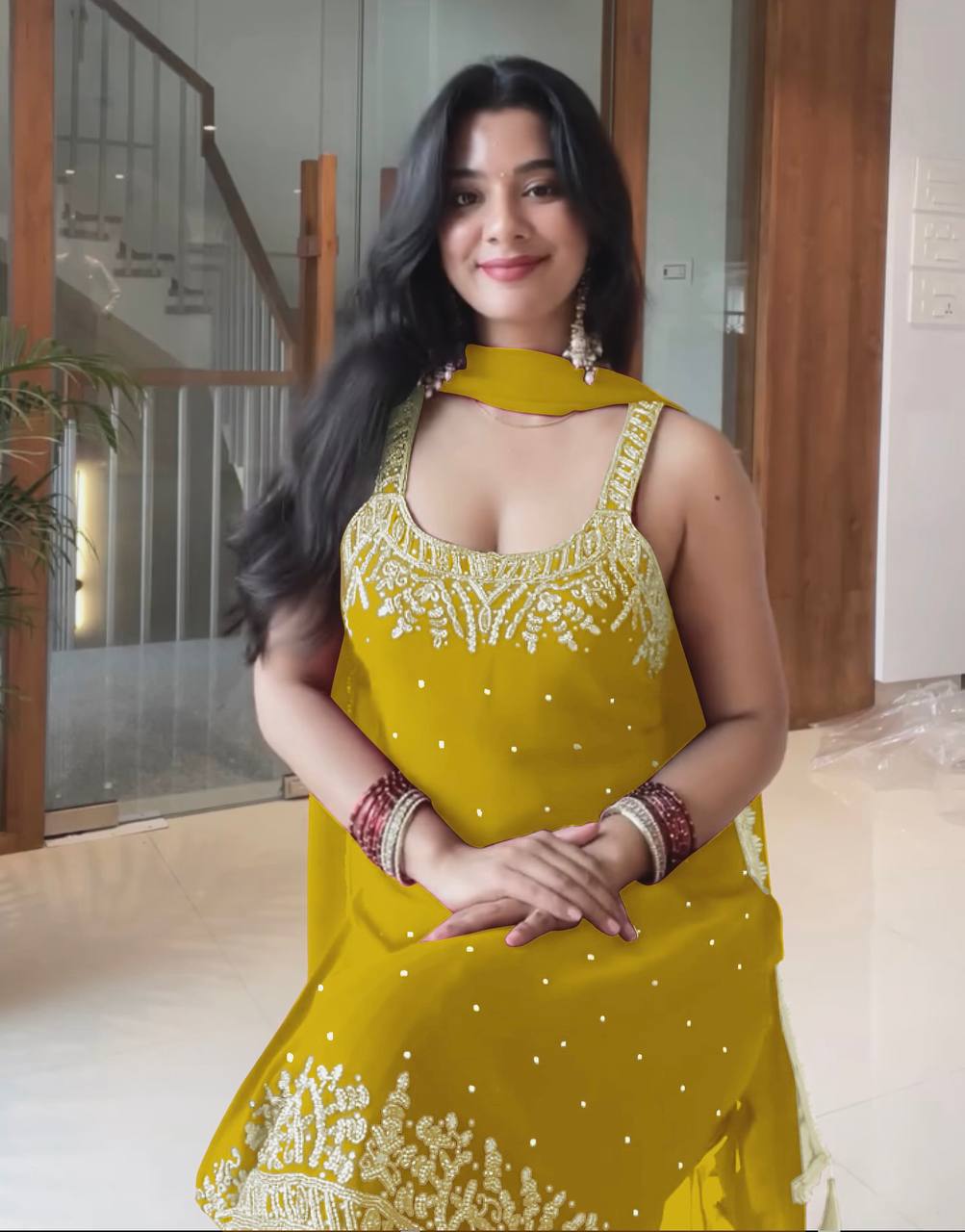 Mustard Yellow Designer Heavy Faux Georgette Plazzo Top and Dupatta