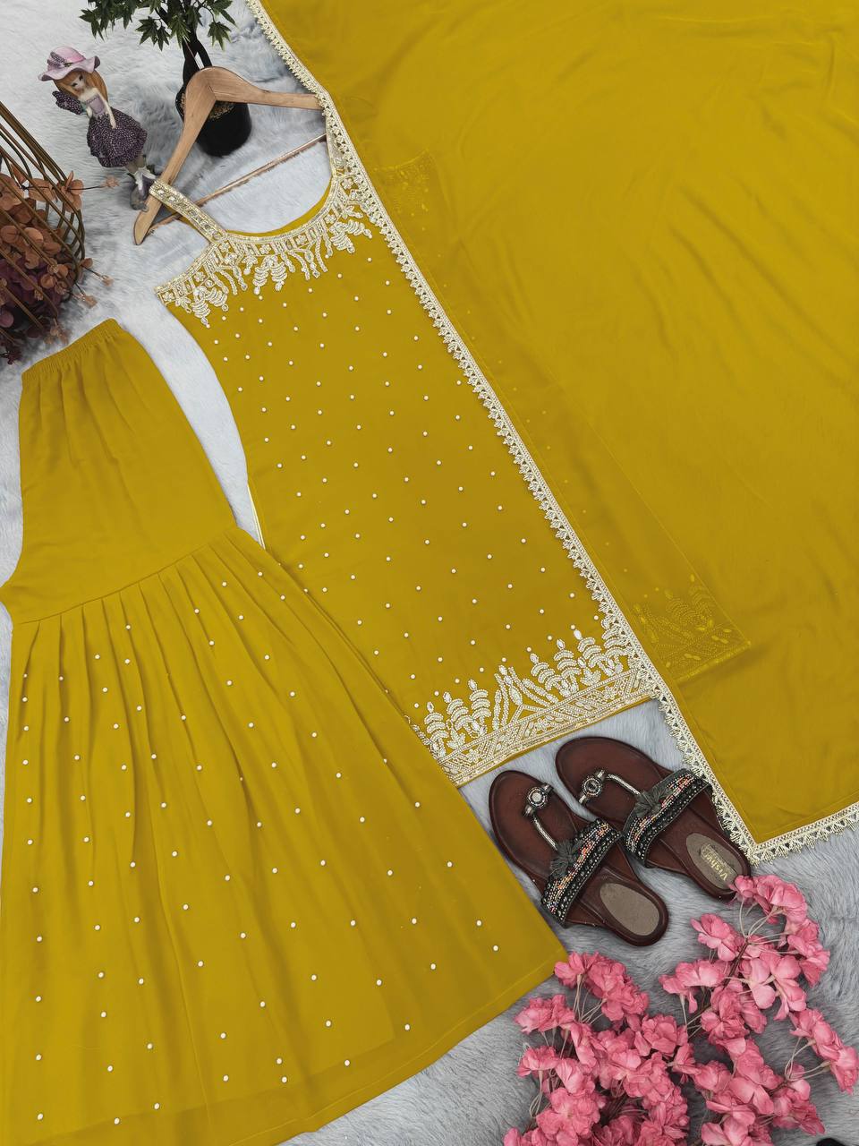 Mustard Yellow Designer Heavy Faux Georgette Plazzo Top and Dupatta
