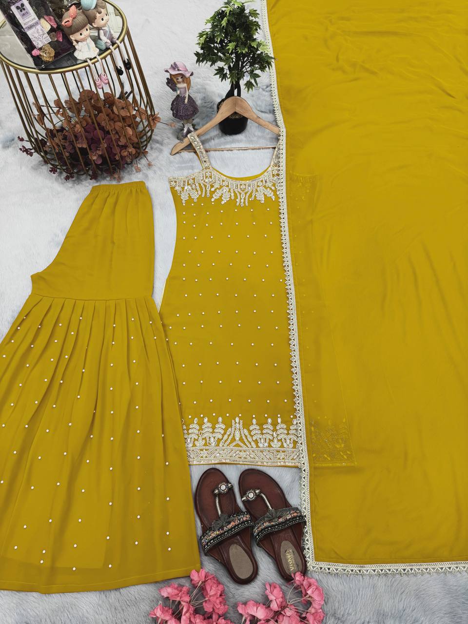 Mustard Yellow Designer Heavy Faux Georgette Plazzo Top and Dupatta