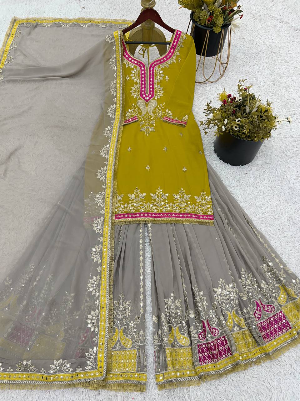 Mustard Yellow Faux Georgette Sharara Suit and Dupatta For Party Wear 