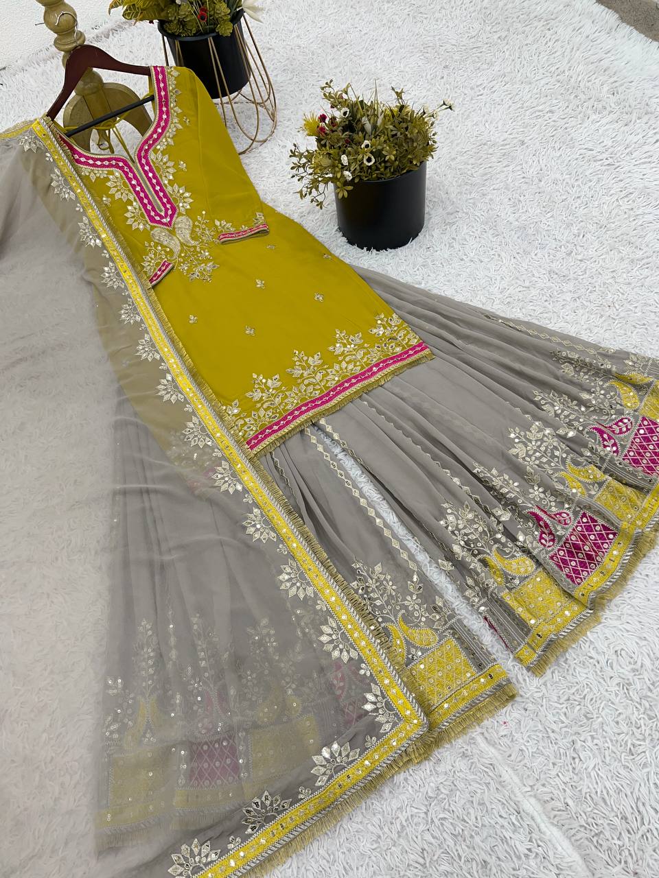 Mustard Yellow Faux Georgette Sharara Suit and Dupatta For Party Wear 