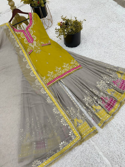 Mustard Yellow Faux Georgette Sharara Suit and Dupatta For Party Wear 