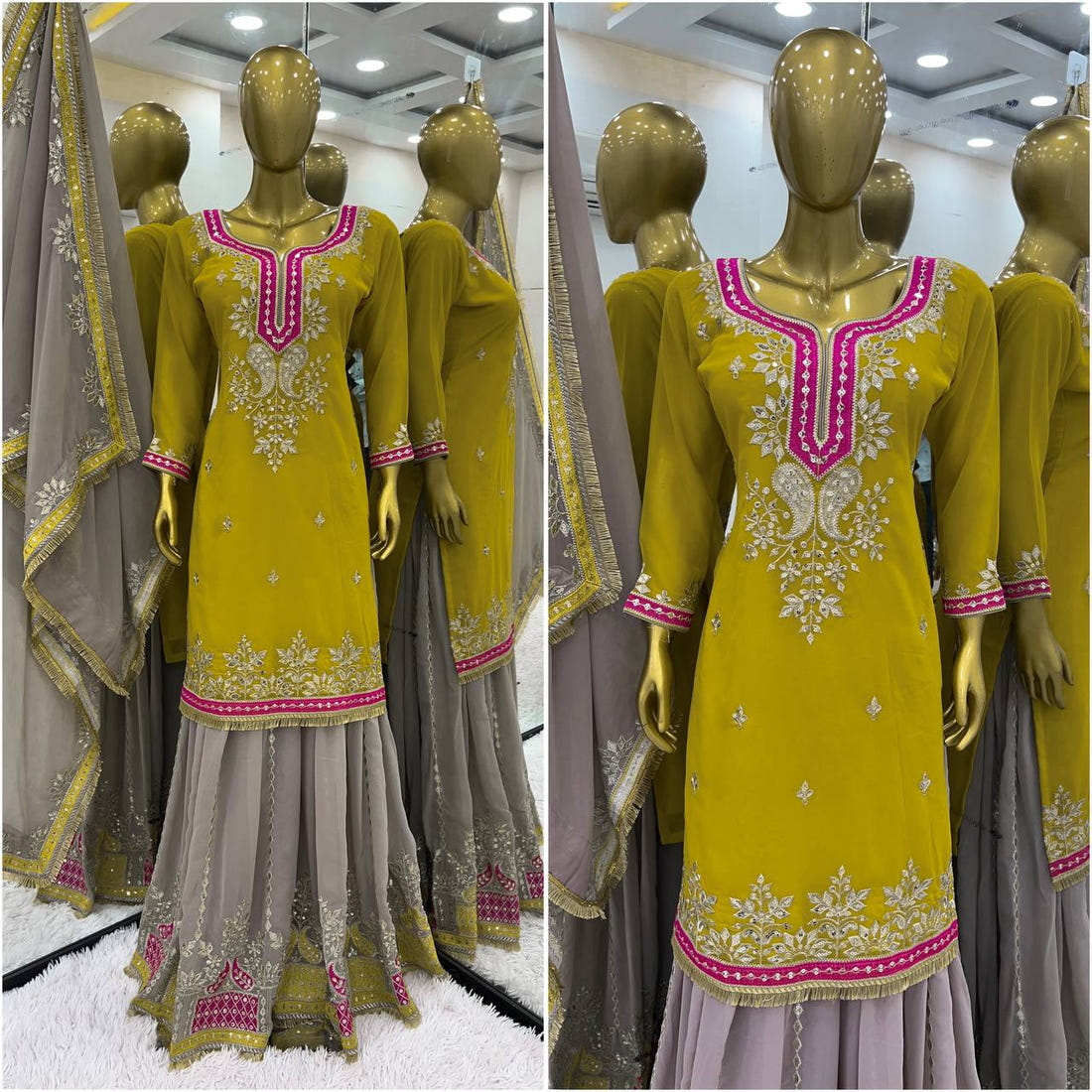 Mustard Yellow Faux Georgette Sharara Suit and Dupatta For Party Wear 