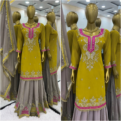 Mustard Yellow Faux Georgette Sharara Suit and Dupatta For Party Wear 