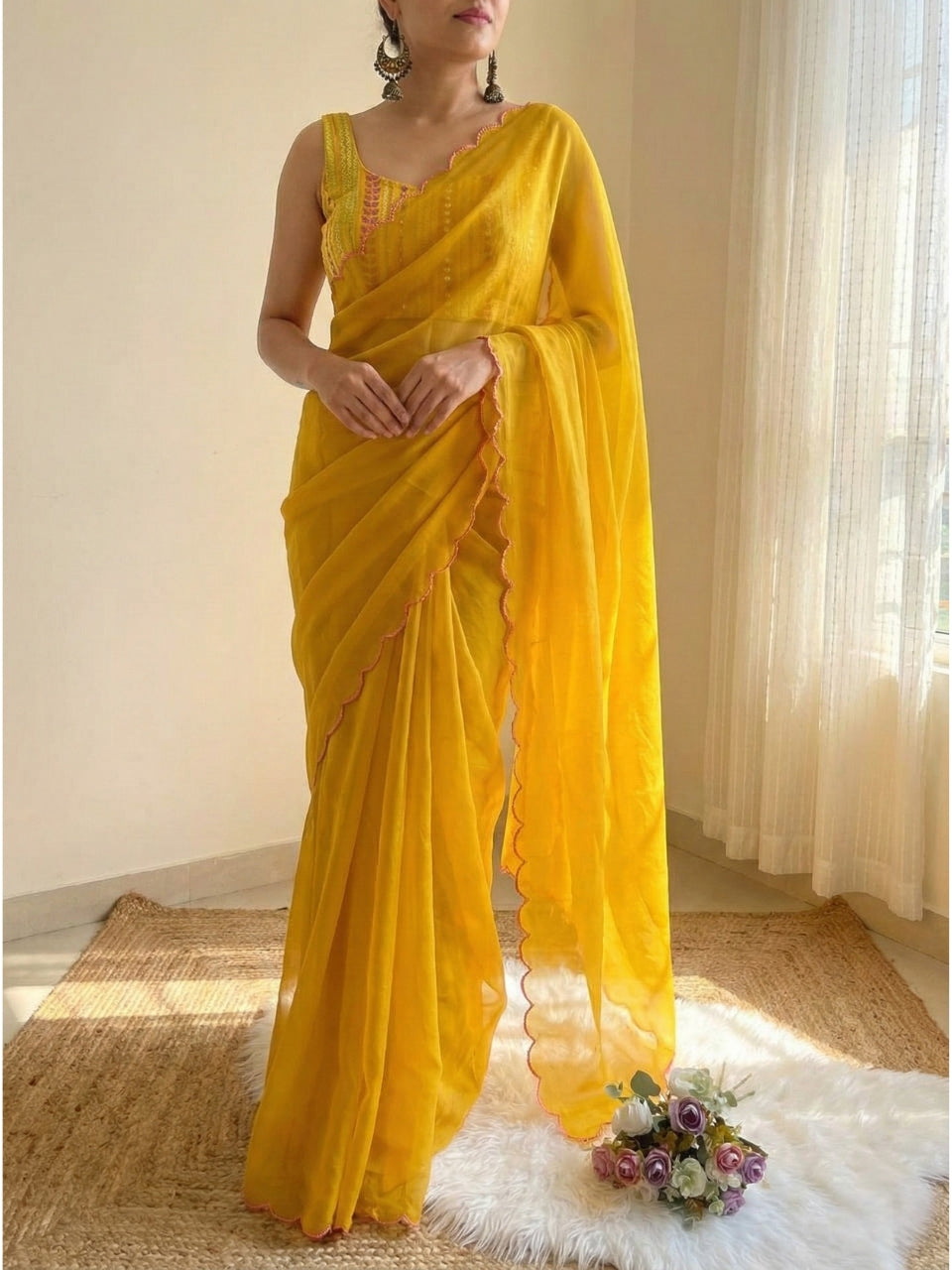 Mustard Yellow Georgette Aari Embroidery Border Saree with Work Blouse