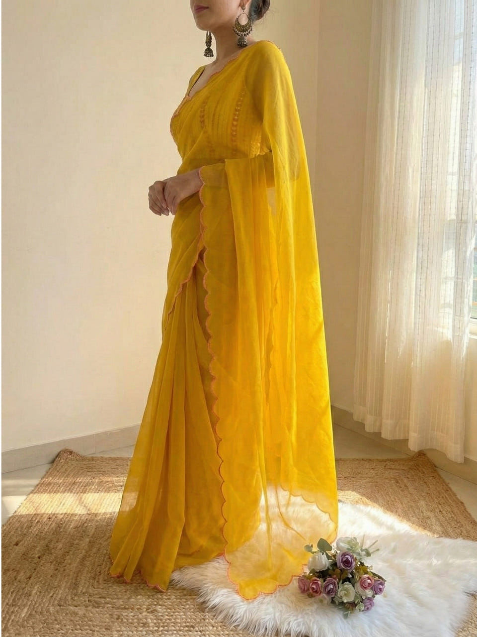 Mustard Yellow Georgette Aari Embroidery Border Saree with Work Blouse