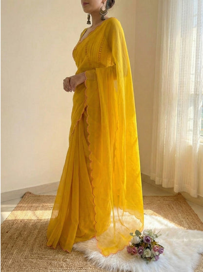 Mustard Yellow Georgette Aari Embroidery Border Saree with Work Blouse