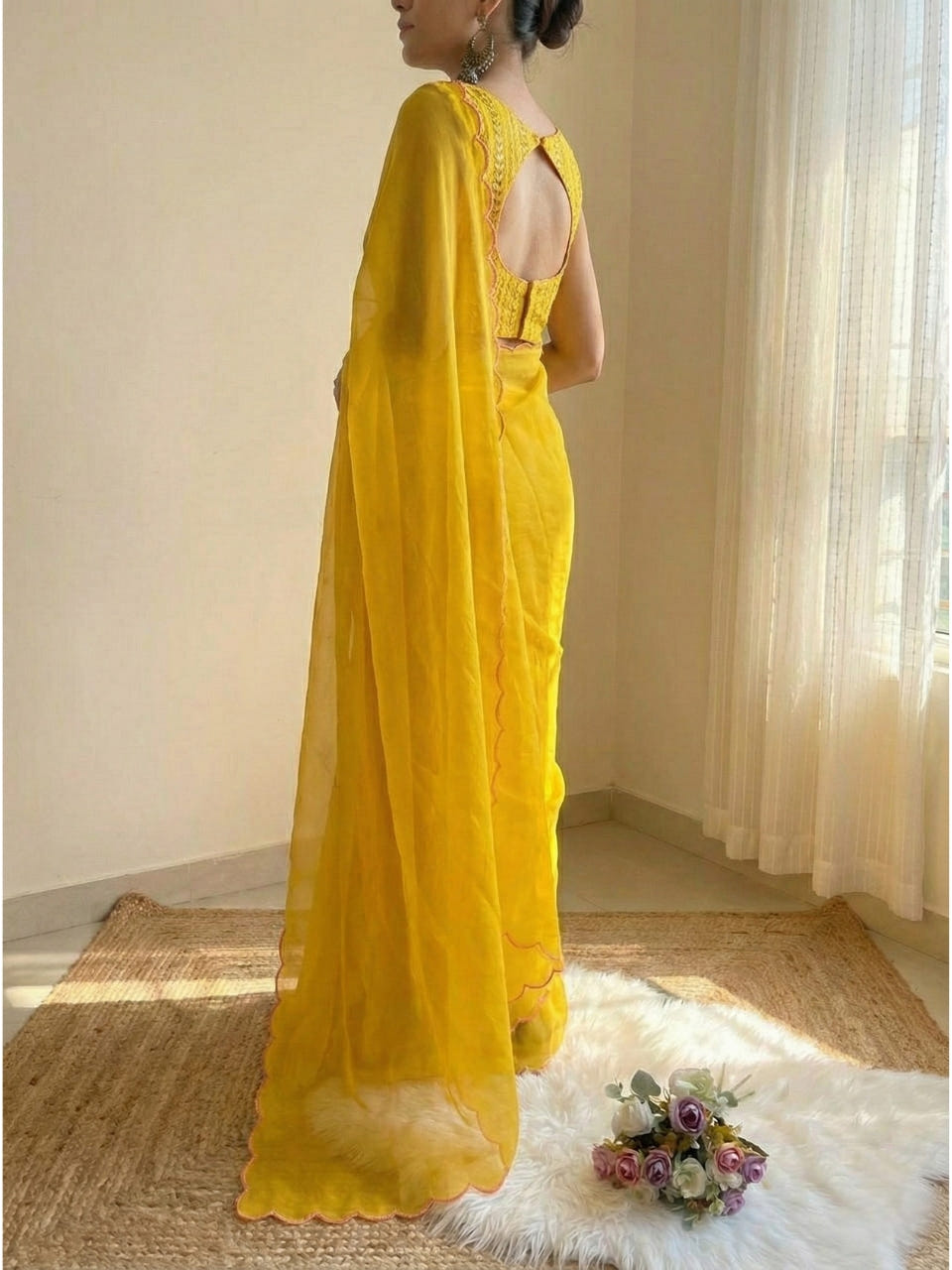 Mustard Yellow Georgette Aari Embroidery Border Saree with Work Blouse