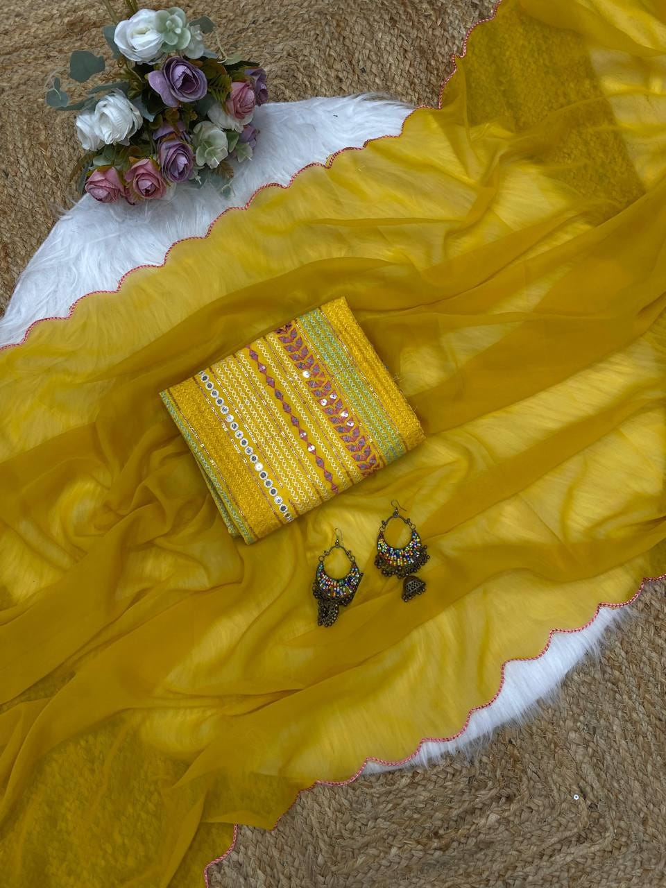 Mustard Yellow Georgette Aari Embroidery Border Saree with Work Blouse