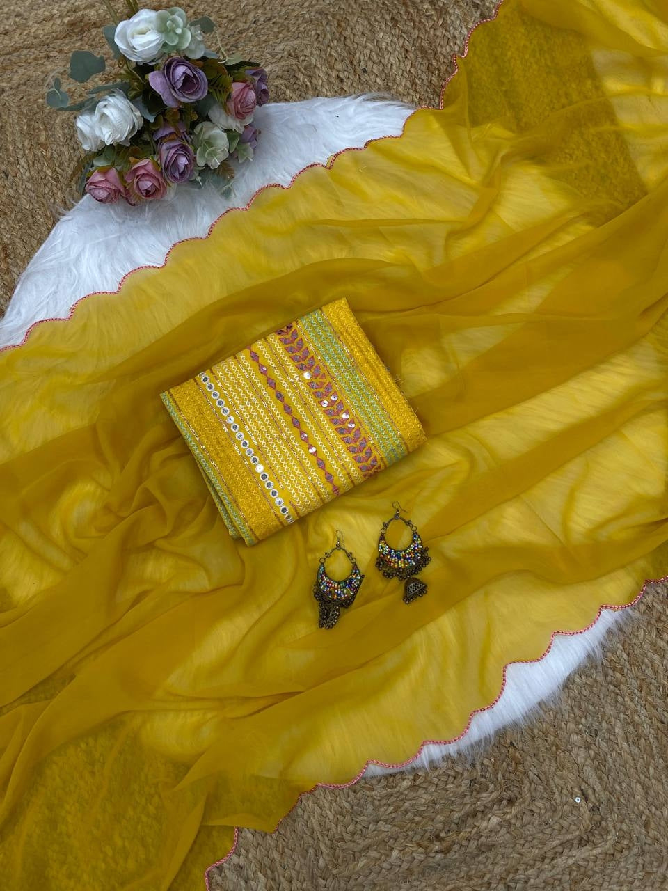 Mustard Yellow Georgette Aari Embroidery Border Saree with Work Blouse