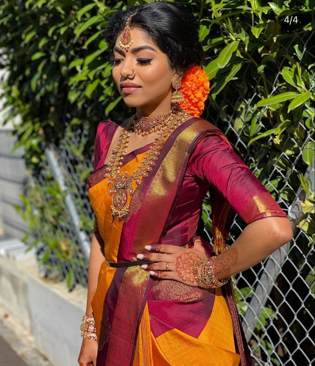 Mustard Yellow Kanchipuram Silk Saree with Chex & Contrasting Blouse