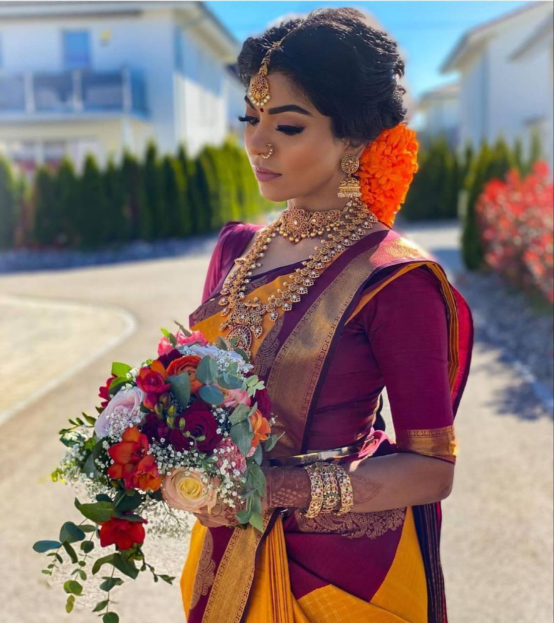 Mustard Yellow Kanchipuram Silk Saree with Chex & Contrasting Blouse