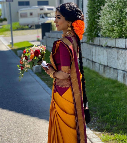 Mustard Yellow Kanchipuram Silk Saree with Chex & Contrasting Blouse