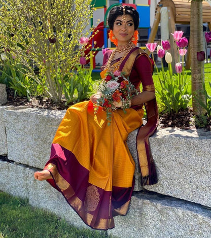 Mustard Yellow Kanchipuram Silk Saree with Chex & Contrasting Blouse