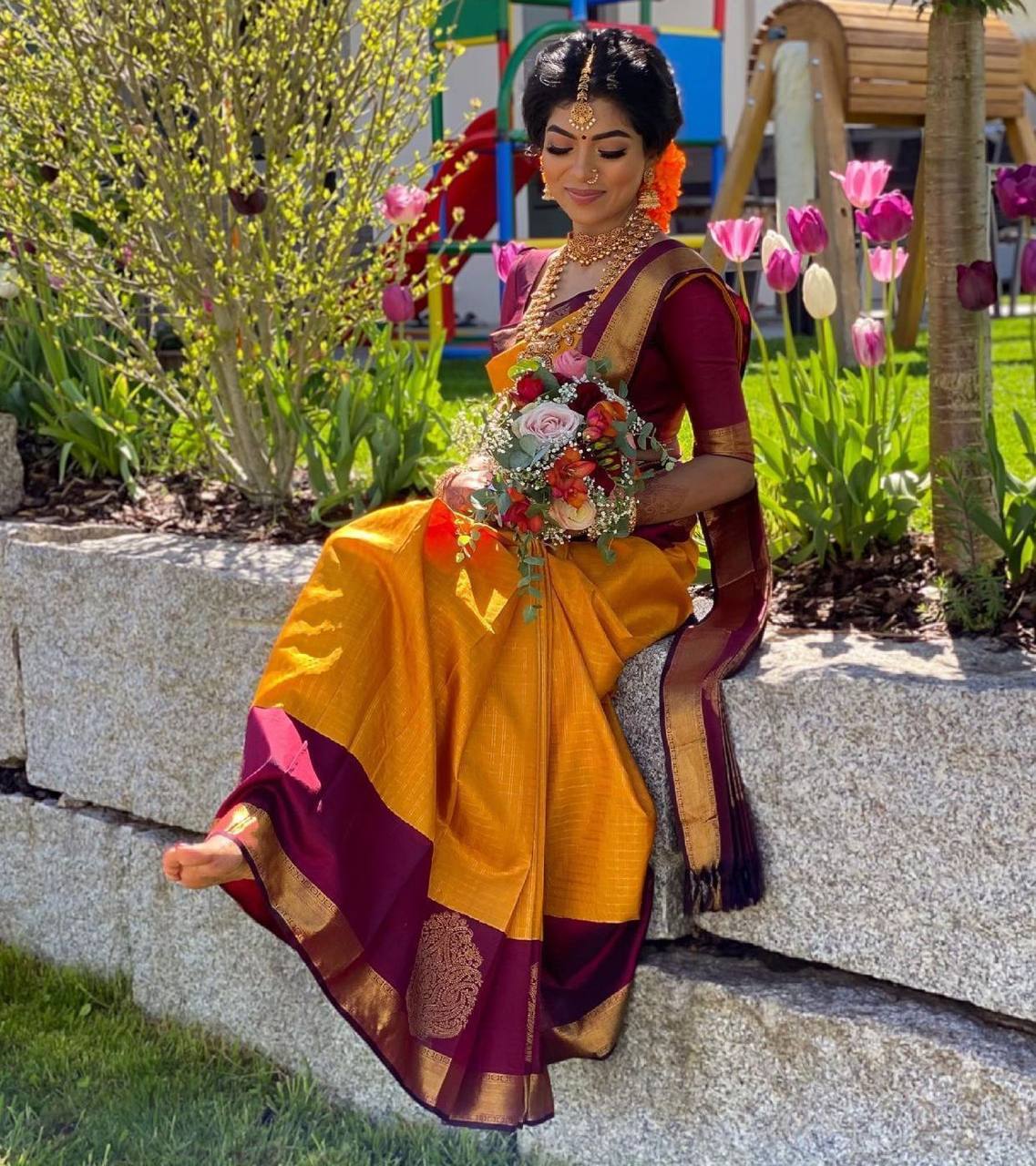 Mustard Yellow Kanchipuram Silk Saree with Chex & Contrasting Blouse