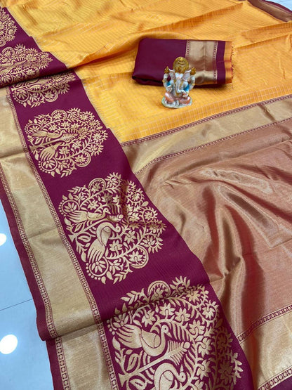 Mustard Yellow Kanchipuram Silk Saree with Chex & Contrasting Blouse