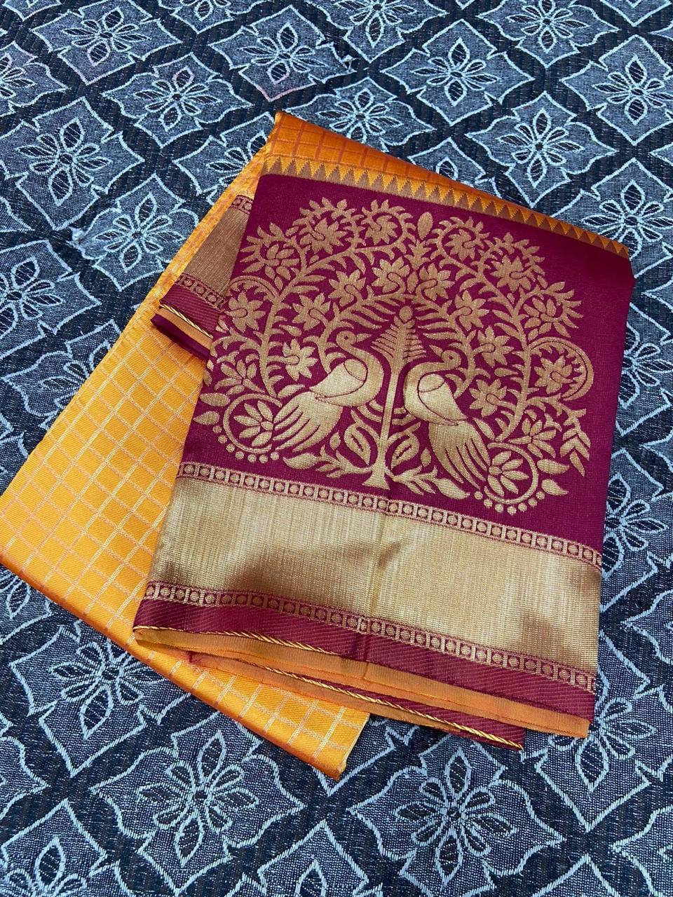 Mustard Yellow Kanchipuram Silk Saree with Chex & Contrasting Blouse