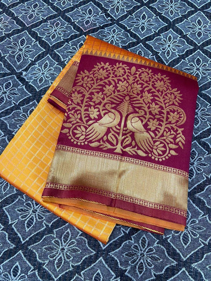 Mustard Yellow Kanchipuram Silk Saree with Chex & Contrasting Blouse