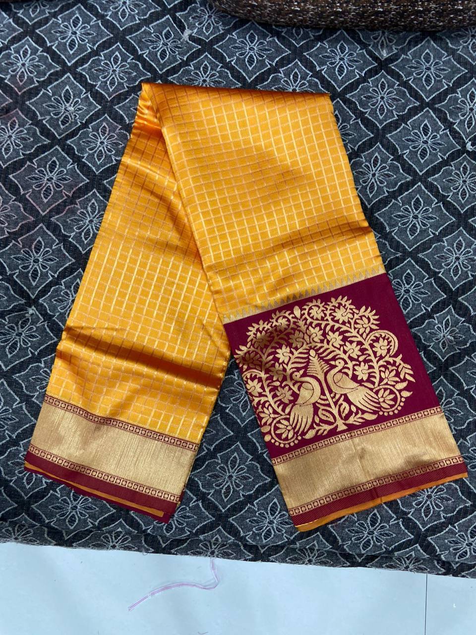 Mustard Yellow Kanchipuram Silk Saree with Chex & Contrasting Blouse