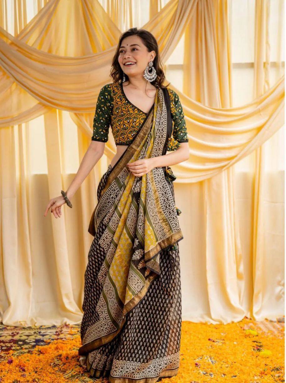 Mustard Yellow Mulmul Cotton Digital Print Saree with matching Mulmul Blouse