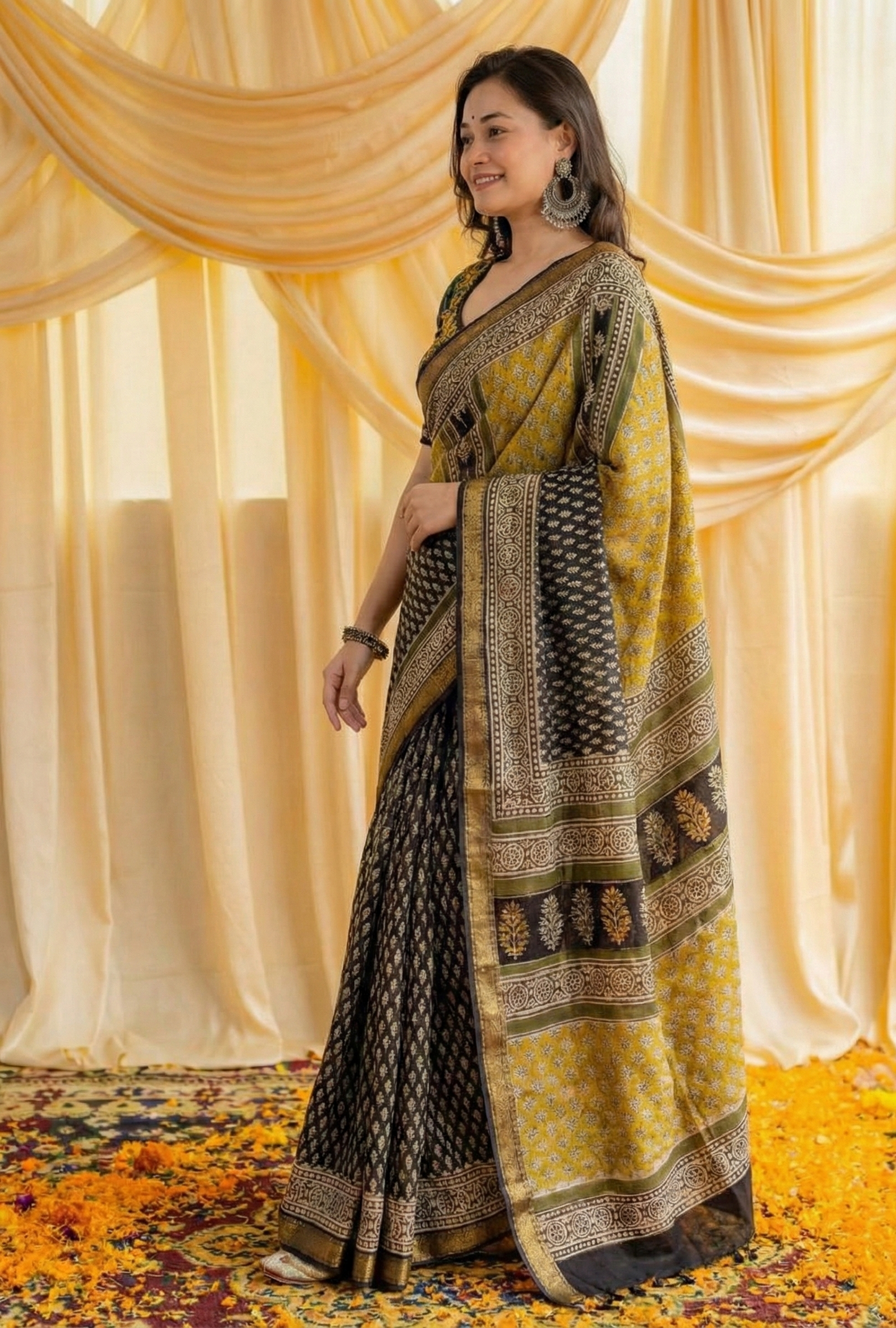 Mustard Yellow Mulmul Cotton Digital Print Saree with matching Mulmul Blouse