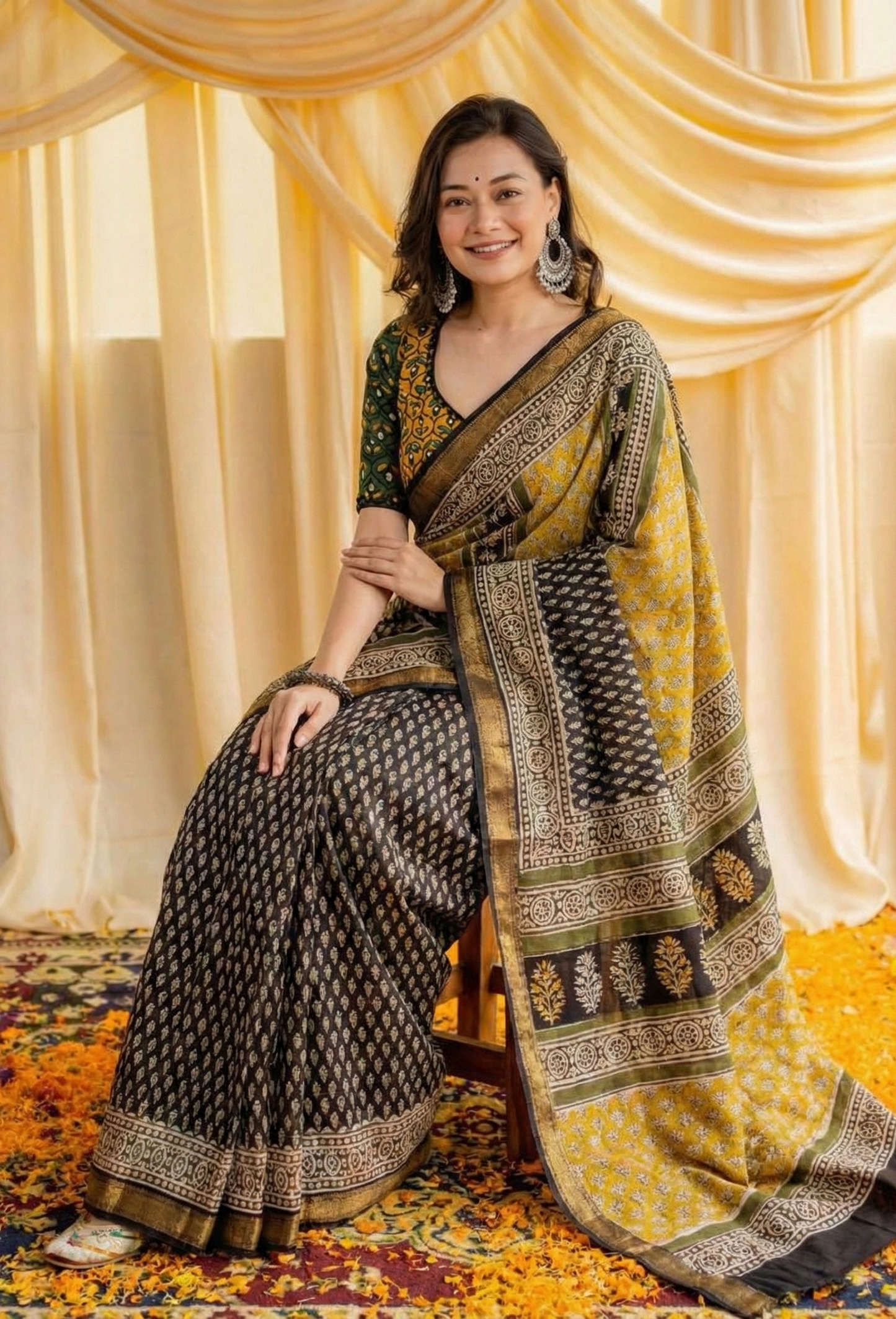 Mustard Yellow Mulmul Cotton Digital Print Saree with matching Mulmul Blouse