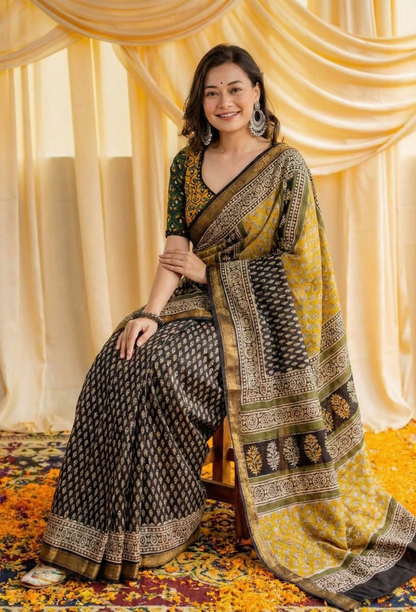 Mustard Yellow Mulmul Cotton Digital Print Saree with matching Mulmul Blouse