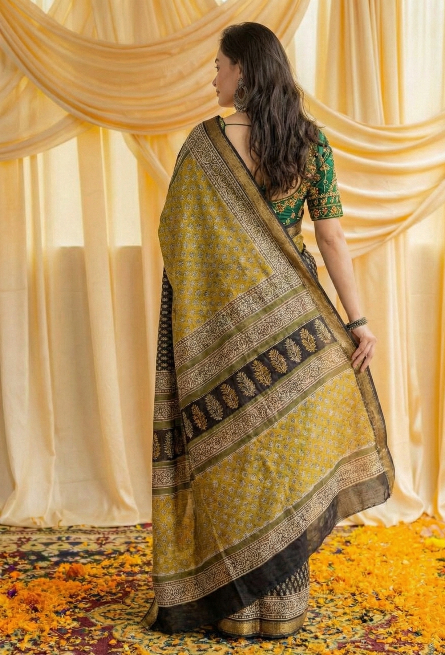 Mustard Yellow Mulmul Cotton Digital Print Saree with matching Mulmul Blouse