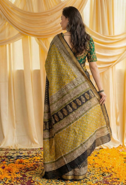 Mustard Yellow Mulmul Cotton Digital Print Saree with matching Mulmul Blouse