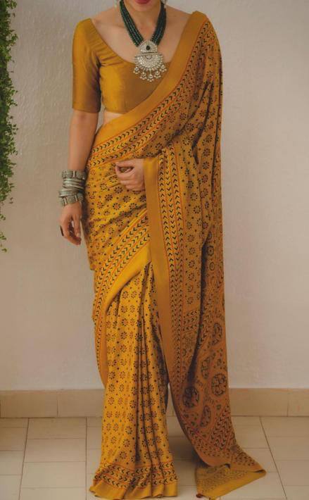 Mustard Yellow Soft Mulmul Cotton Digital Print Saree with Banglori Blouse