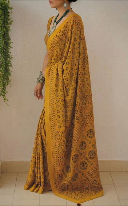 Mustard Yellow Soft Mulmul Cotton Digital Print Saree with Banglori Blouse
