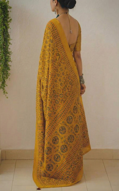 Mustard Yellow Soft Mulmul Cotton Digital Print Saree with Banglori Blouse