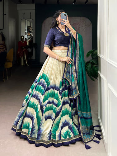 Navy Blue and cream Tasar Silk Tie-Dye Print Lehenga Choli with matching Dupatta