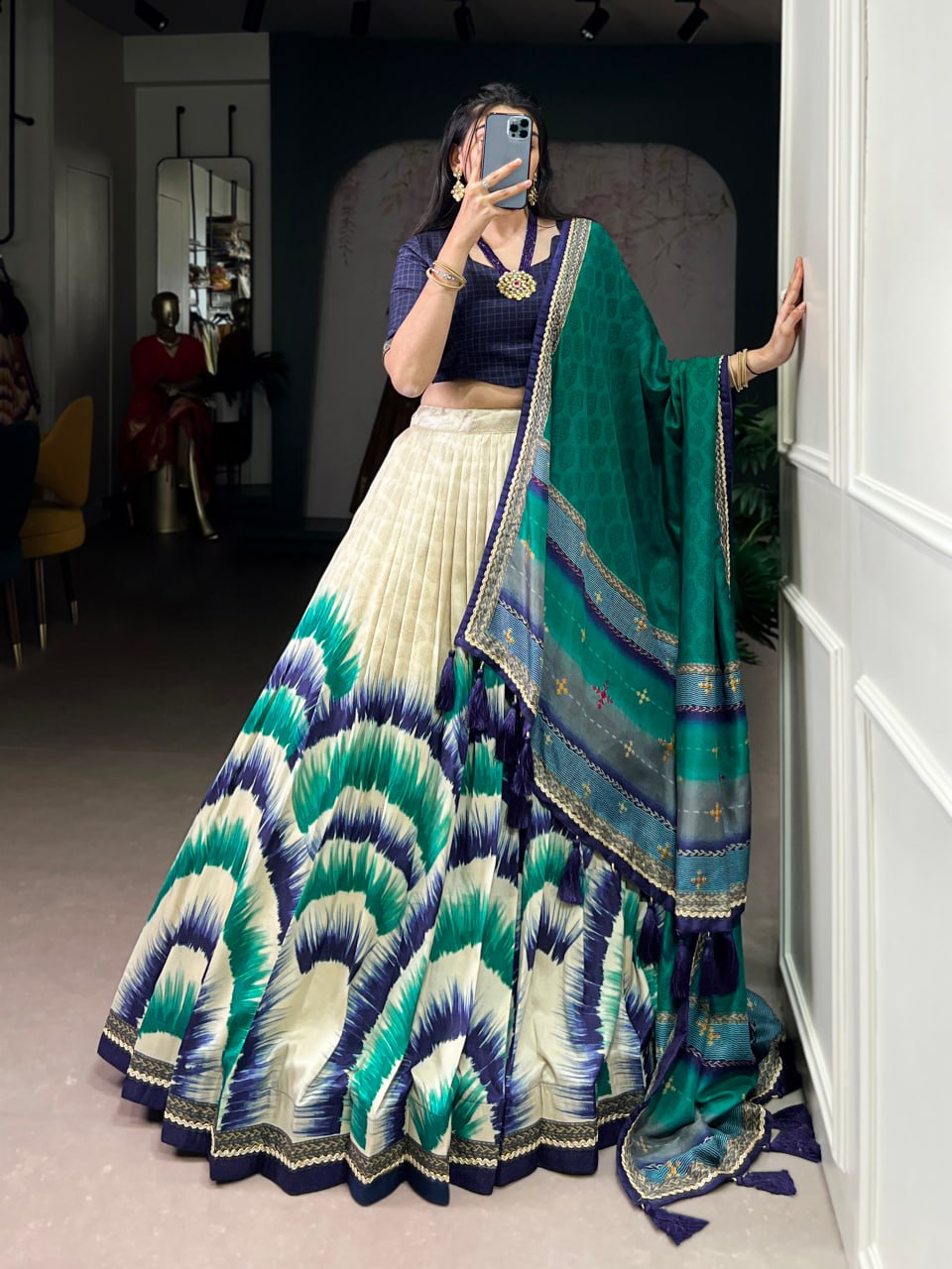 Navy Blue and cream Tasar Silk Tie-Dye Print Lehenga Choli with matching Dupatta
